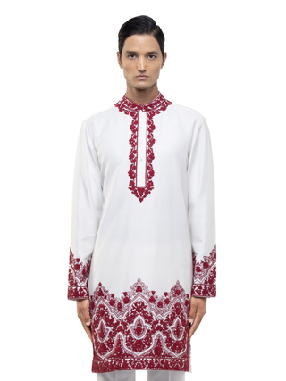 White & red dori embroidery kurta set