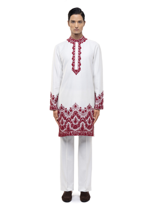 White & red dori embroidery kurta set