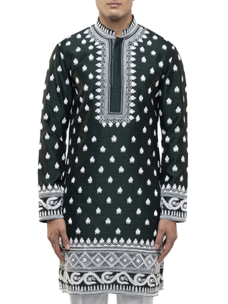 Green & white dori embroidery kurta set