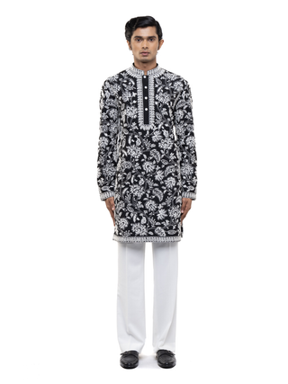 Black & white floral embroidery kurta set