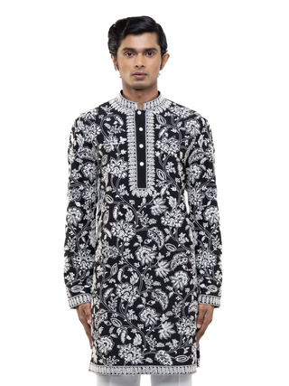 Black & white floral embroidery kurta set