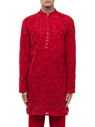 Red floral embroidery kurta set
