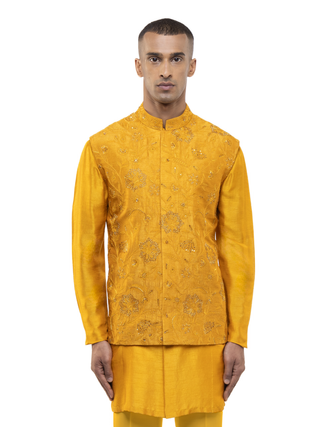Yellow floral embroidery kurta bandi set