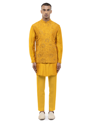Yellow floral embroidery kurta bandi set