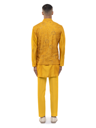 Yellow floral embroidery kurta bandi set