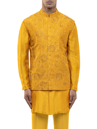 Yellow floral embroidery kurta bandi set