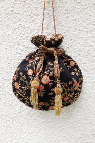 Black floral creeper potli bag