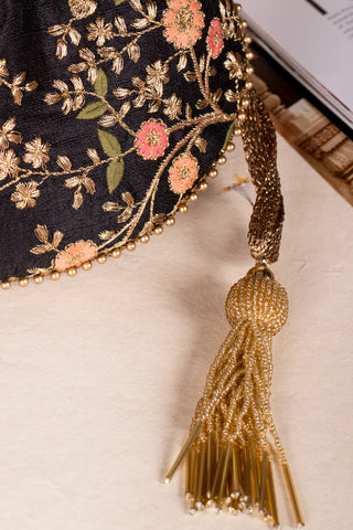 Black floral creeper potli bag