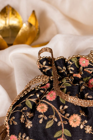 Black floral creeper potli bag