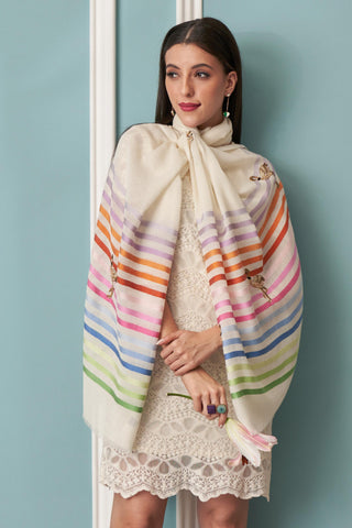 Stole Indian Wedding - Ivory Flamingo Style Fine Wool Silk Stripe by Mauli