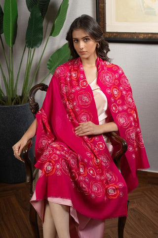 Stole Indian Wedding - Pink Floral Bliss Fine Wool Silk by Mauli
