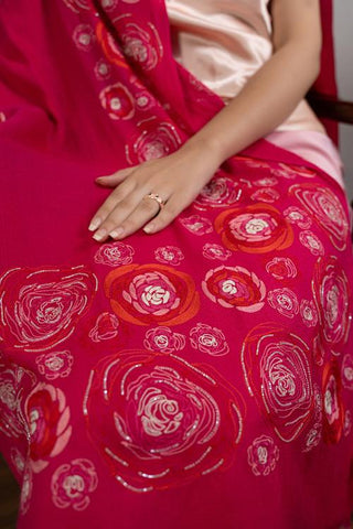 Stole Indian Wedding - Pink Floral Bliss Fine Wool Silk by Mauli