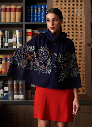 Stole Indian Wedding Wear - Blue Floral Bouquet Fine Merino Wool by Mauli
