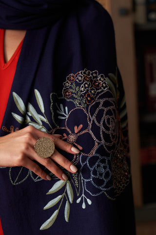 Stole Indian Wedding Wear - Blue Floral Bouquet Fine Merino Wool by Mauli
