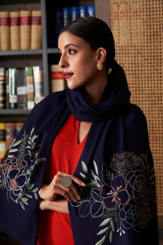 Stole Indian Wedding Wear - Blue Floral Bouquet Fine Merino Wool by Mauli