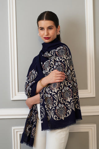Stole Indian Wedding Wear - Blue Floral Crest Wool Silk by Mauli