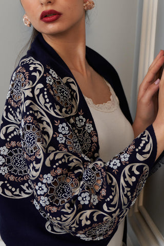 Stole Indian Wedding Wear - Blue Floral Crest Wool Silk by Mauli