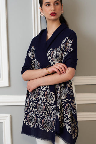 Stole Indian Wedding Wear - Blue Floral Crest Wool Silk by Mauli