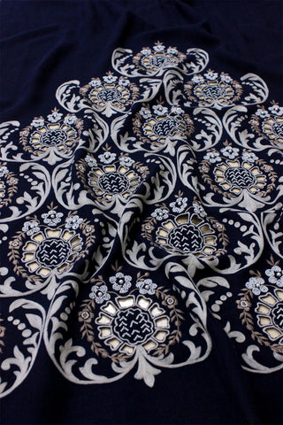 Stole Indian Wedding Wear - Blue Floral Crest Wool Silk by Mauli