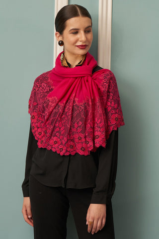 Stole Indian Wedding - Pink Floral Inset Fine Merino Wool by Mauli
