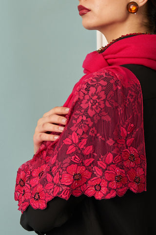 Stole Indian Wedding - Pink Floral Inset Fine Merino Wool by Mauli