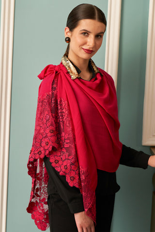 Stole Indian Wedding - Pink Floral Inset Fine Merino Wool by Mauli