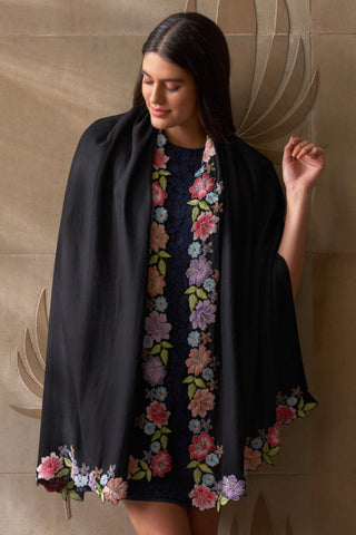 Stole Indian Wedding - Black Floral Sprinkle Wool Silk by Mauli