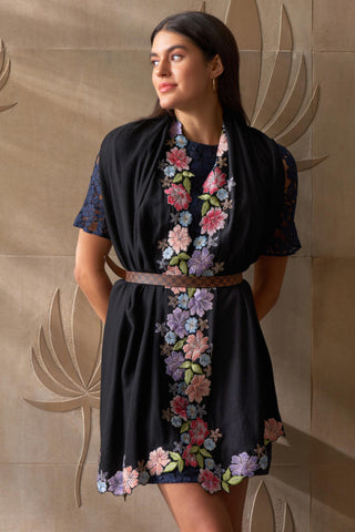 Stole Indian Wedding - Black Floral Sprinkle Wool Silk by Mauli