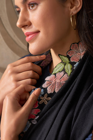 Stole Indian Wedding - Black Floral Sprinkle Wool Silk by Mauli