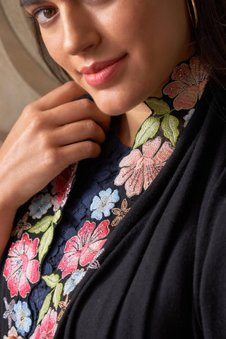 Stole Indian Wedding - Black Floral Sprinkle Wool Silk by Mauli