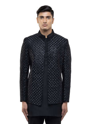 Black hand embroidered open bandhgala set