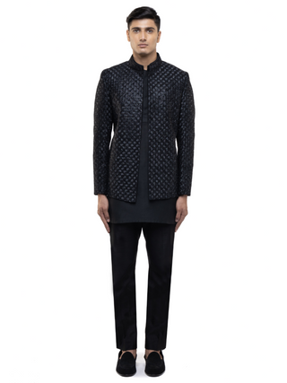 Black hand embroidered open bandhgala set