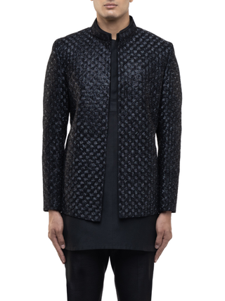 Black hand embroidered open bandhgala set