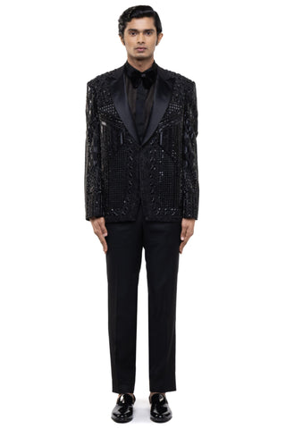 Black embroidered art deco tuxedo set