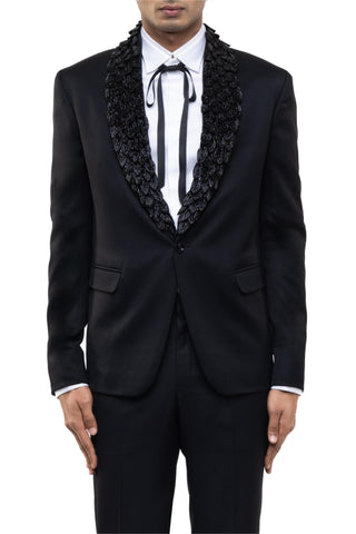 Black feather lapel embroidered tuxedo set