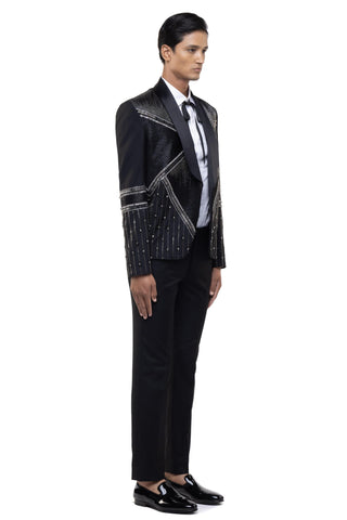 Black rhinestone embellished open lapel tuxedo set