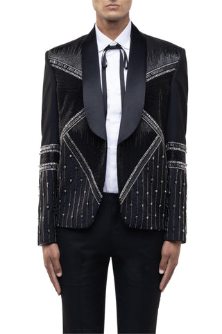 Black rhinestone embellished open lapel tuxedo set