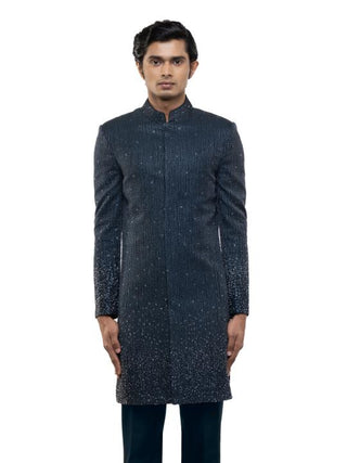 Navy blue silk metallic embroidered sherwani set