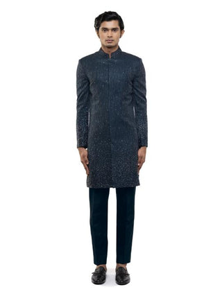Navy blue silk metallic embroidered sherwani set