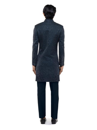 Navy blue silk metallic embroidered sherwani set