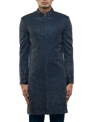 Navy blue silk metallic embroidered sherwani set