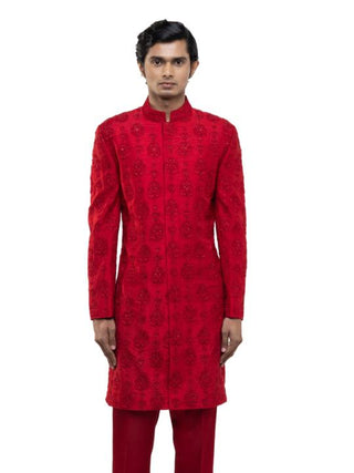 Red floral embroidery sherwani set