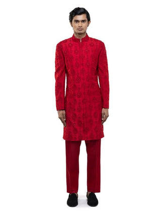 Red floral embroidery sherwani set