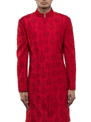 Red floral embroidery sherwani set