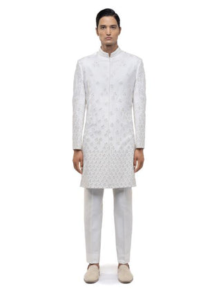White abstract embroidery sherwani set