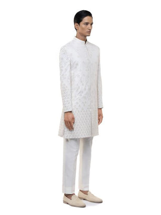 White abstract embroidery sherwani set