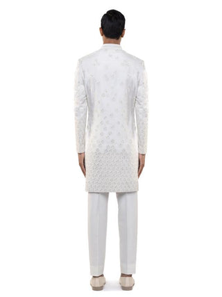 White abstract embroidery sherwani set