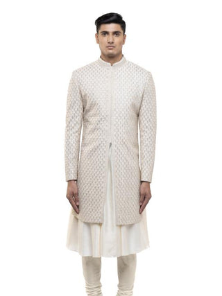 Beige embroidered sherwani & anarkali kurta set
