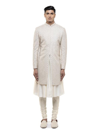 Beige embroidered sherwani & anarkali kurta set