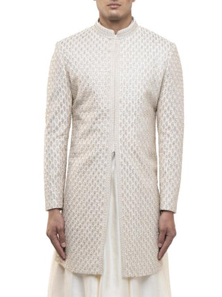 Beige embroidered sherwani & anarkali kurta set
